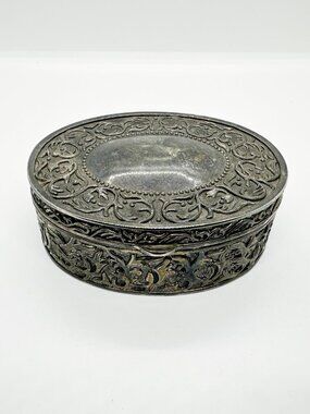 Vtg Gothic Vamp Silver Plated Jewelry Box Blue Velvet Whimsygoth Witchy Dark